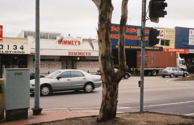 Photograph, Ringwood Railway Precinct circa 2009, shops on north side of Maroondah Highway, including Dimmey's, 3134 Clothing and Salvo's Family Stores