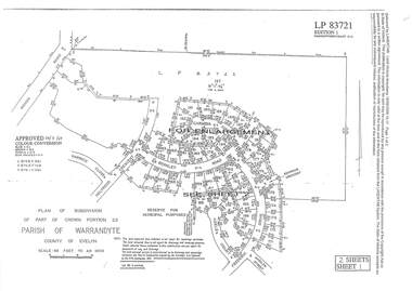 Document - Subdivision Plan, LP83721 Part of Crown Portion 23, Parish of Warrandyte, County of Evelyn, Vol 8708 Fol 351, Vol 8745 Fol 148 and Vol 8751 Fol 034 - 1969