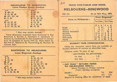 Card, Melbourne - Ringwood train time-tables and fares including off-peak tariffs 10th May 1953