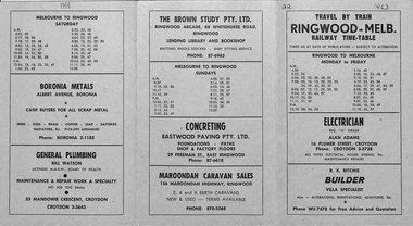 Document, Railway Time Table. Ringwood to Melbourne and Melbourne to Ringwood from 1963