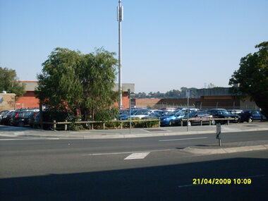 Photograph, Corner of Seymour and Ringwood Streets looking west, Ringwood on 21 April 2009.  Showing former location of Ringwood Telephone Exchange, now a car park