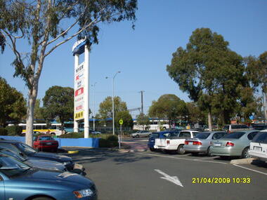 Photograph, Eastland car park looking south, Ringwood on 21 April 2009.  Showing former entrance to Adelaide Street from Maroondah Highway, overlooking bus terminus