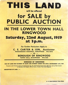 Poster, Land for Sale by Public Auction, Lower Town Hall, Ringwood - Saturday 22nd August, 1959