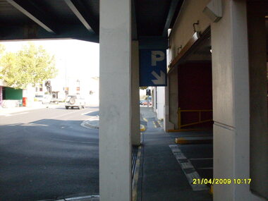 Photograph, Carpark exit from Eastland looking west towards Ringwood Street. Ringwood on 21 April 2009