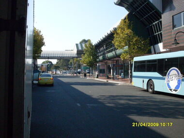 Photograph, Access road in front of Eastland looking east. Showing "Easy Rider" bus. Ringwood on 21 April 2009