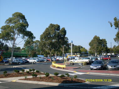 Photograph, Taken from Eastland, across carpark towards former Safeway then Harris Scarfe store, looking south-east, on 21 April 2009. Showing location of former Adelaide Street