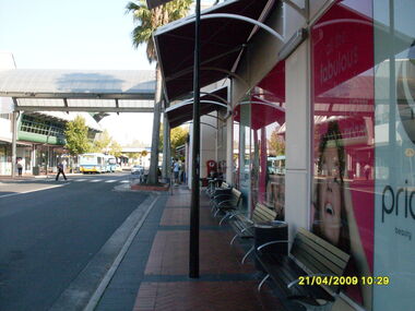 Photograph, Looking along Eastland access road looking west, on 21 April 2009. Showing pedestrian crossing