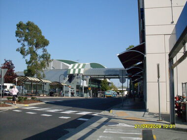 Photograph, Looking along Eastland access road towards the west, on 21 April 2009. Showing pedestrian crossing to south car park