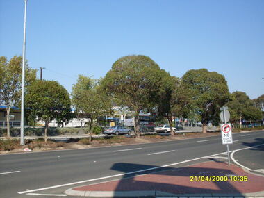 Photograph, Looking across Maroondah Highway towards the south-west, on 21 April 2009. Showing entrance to Ringwood bus terminus
