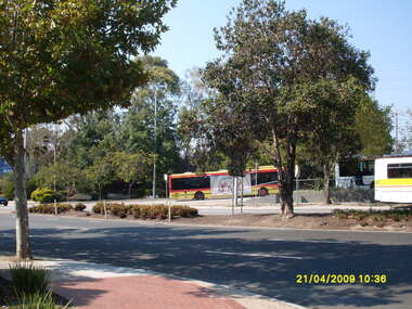 Photograph, Looking across Maroondah Highway towards the entrance to the Ringwood bus terminus, on 21 April 2009