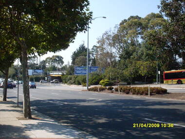 Photograph, Looking across Maroondah Highway looking south-east to the Warrandyte Road railway underpass, on 21 April 2009