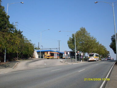 Photograph, Looking south south-west on Maroondah Highway, on 21 April 2009, showing bus terminus entrance