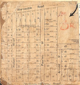 Map, Residential Subdivision Allotment Layout on Mullum Mullum Road, Hobart Street, Paxton Street, Arnold Street and Warrandyte Road, Ringwood, Vic. circa 1920