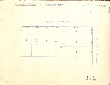 Map, Hand-drawn outline of residential allotments in Nelson Street and Ringwood Street, Ringwood, Vic., headed Mrs N.M. Adam - Subdivision - Auction 26.6.54