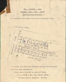 Card - Subdivision Advertisement - Millers Beau View Estate, Heathmont, Victoria - (Undated), Hand-drawn outline of 18 home sites for private sale in Armstrong Road and Harriet Street, Heathmont