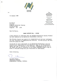 Letter, Addressed to Ms Elle Pullin of the Ringwood Historical Society, dated 15 January 1988