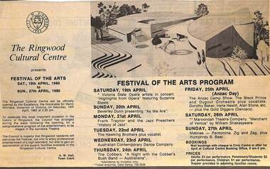 Newspaper - Clipping, Festival of the Arts Program, Ringwood Cultural Centre, Karralika Theatre, Mines Rd., Ringwood, Saturday 19th April to Sunday 27th April 1980