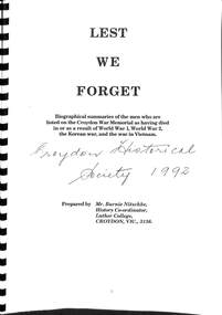 Book, Lest We Forget - Croydon Historical Society 1992