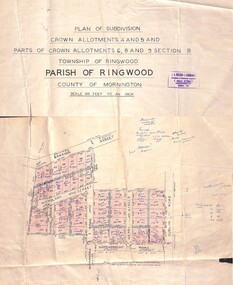 Map - Plan of Subdivision, Crown Allotments 4 and 5, and Parts of Crown Allotments 6, 8 and 9 Section B, Township and Parish of Ringwood, County of Mornington - Salter's Estate East Ringwood Victoria - 1956