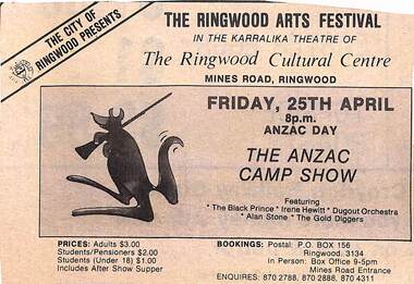 Newspaper - Clipping, The Ringwood Arts Festival, the Ringwood Cultural Centre, Karralika Theatre, Mines Rd., Ringwood on Friday 25th April 1980 8p.m. The ANZAC Camp Show