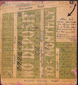 Map, Residential Subdivision Allotment Layout on Mullum Mullum Road, Hobart Street, Paxton Street, Arnold Street and Warrandyte Road, Ringwood, Vic. (Undated, circa 1920)