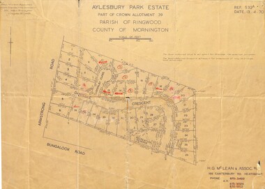 Map - Plan of Subdivision, Aylesbury Park Estate, Part of Crown Allotment 39, Parish of Ringwood, County of Mornington - 1970