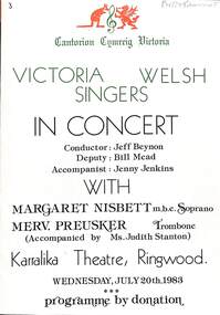 Programme, Karralika Theatre - Victoria Welsh Singers In Concert on Wednesday, July 20th. 1983