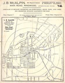 Document - Advertisement, Map of Ringwood District promoting J.P McAlpin - Pioneer Estate Agent & Property Salesman, Main Road, Ringwood. Undated, circa 1910