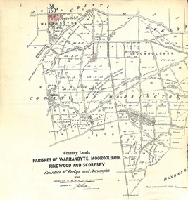Map - Plan of Survey, Country Lands, Parishes of Warrandyte, Mooroolbark, Ringwood and Scoresby, Counties of Evelyn and Mornington - circa 1855
