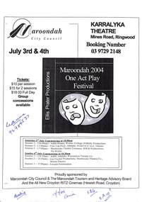 Flyer, Karralyka Theatre - Maroondah 2004 - One Act Play Festival