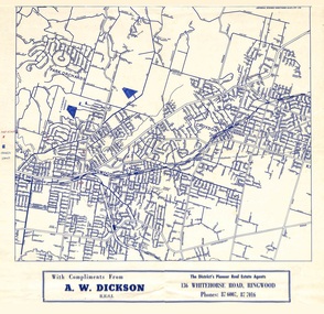Flyer, Map of Ringwood District promoting A.W. Dickson R.E.S.I., Pioneer Real Estate Agent, 136 Whitehorse Road, Ringwood - Undated, circa 1960s
