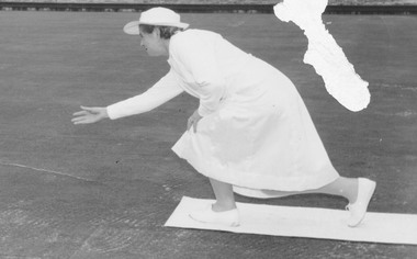 Photograph, Ringwood Bowls Club, Mrs O'Brian rolling the kitty. c1960