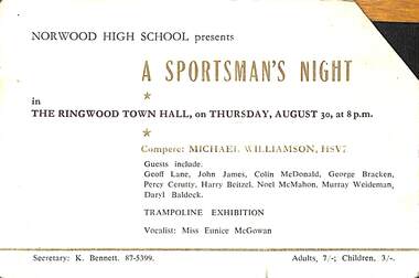Card, Norwood High School presents - A SPORTSMAN'S NIGHT in the Ringwood Town Hall on Thursday, August 30, 1962 at 8 p.m