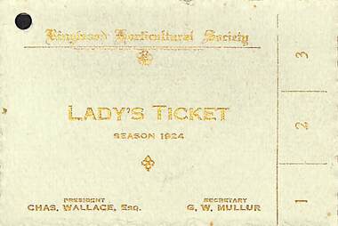 Card, Ringwood Horticultural Society, Lady's Ticket, season 1924