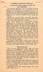 Pamphlet, Victorian Railways Finance - A Constructive Plan to enable Freight and Fare Reductions c1947