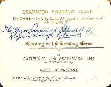 Card, Ringwood Bowling Club - Opening of the Bowling Green, 1937. Bowls Tournament