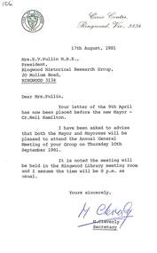 Letter, Correspondence from Mabs Cleverly, the secretary to the Town Clerk of Ringwood, Alfred Hall, to Mrs E.V. Pullin, President of the Ringwood Historical Research Group, advising Ms Pullin that the new Mayor, Cr. Neil Hamilton and his wife will be pleased to attend the Annual General Meeting of  the RHRG