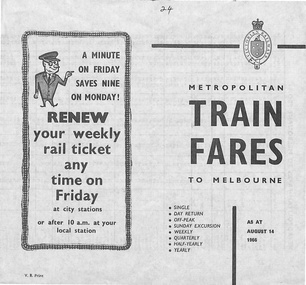 Pamphlet, Victorian Railways - Metropolitan Train Train Fares to Melbourne August 14, 1966