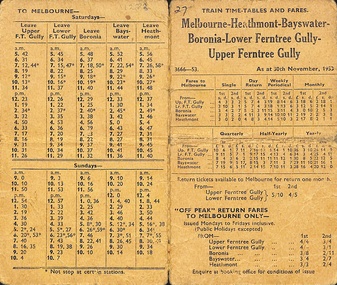 Card, Melbourne - Heatmontt Bayswater -Boronia-Ferntree Gully-Upper Ferntree Gully train time-table and fares including off-peak tariffs 30th November 1953