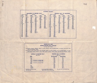 Document, Victorian Railways Timetable - Melbourne to Ferntree Gully, and Boronia Bus Lines Boronia Ferntree-Gully Services 1964 with Map and Advertising on reverse