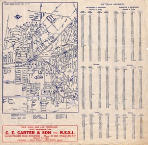 Document, Victorian Railways Timetable Melbourne to Ringwood; Bus Timetables - Croydon Bus Service, Melbourne and Metropolitan Tramways Bus 1965 with Map and Advertising for C. E. Carter & Son RESI