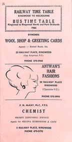 Document, Victorian Railways Timetable Ringwood to Melbourne and Bus Timetable Ringwood to Ringwood North and Park Orchards. 1966 with Advertising fo local businesses