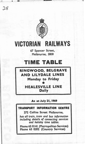 Document, Victorian Railways Timetable - Ringwood, Belgrave and Lilydale Lines and Healesville Line. July 21 1969  (Mondays to Fridays)