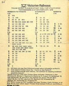 Card, Victorian Railways, Victorian Railways Timetable Card - Flinders St to Ringwood Trains. February 5, 1979, 5/2/1979