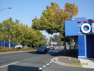 Photograph, Looking west down Maroondah Highway from Pratt Street corner showing Officeworks building, on 21 April 2009