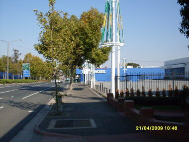 Photograph, Looking west down Maroondah Highway from former Firestation showing Officeworks, on 21 April 2009