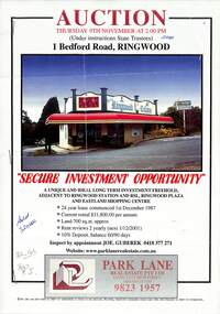 Flyer, Auction advertisement and collection of photographs - Ringwood Cellars / Blood Bros Building, 1 Bedford Road, Ringwood - November 2000