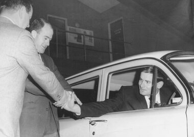 Photograph, Bill Patterson Motors Ringwood- Presentation of car to Captain Essendon Football, Ken Fraser. c1965