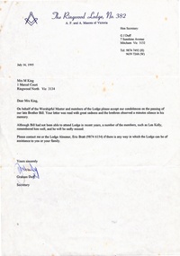 Letter, Ringwood Masonic Lodge No 382 - Consolence letter to Mrs M King on passing of Bill King.  July 16, 1995