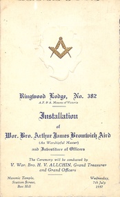 Programme, Ringwood Masonic Lodge No 382 - Installation of Wor. Bro. Arthur James Bromwich Aird as Worshipful Master, 7th July 1937